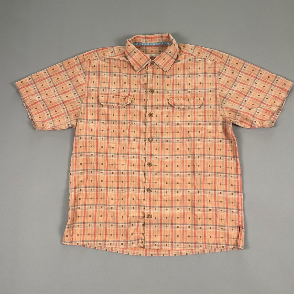 Tommy Bahama Mens Silk Cotton Plaid Short Sleeve Button Down Shirt Orange Pink M